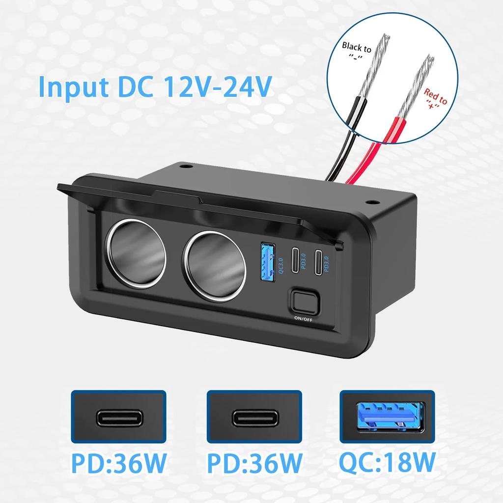NEW 12V QC3.0 & Dual PD3.0 Car Power Socket Outlets USB Charger Power Adapter with Switch for Cars, Boats, RVs Trucks, ATVs, and UTVs