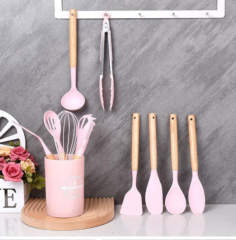 12-Piece Silicone Kitchen Tool Set: High-Temp Resistant Non-Stick Utensils with Wooden Handles, Includes Spatulas and Soup Ladle