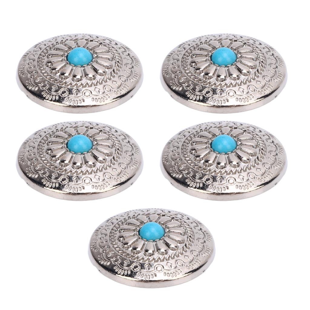 5 Sets Screw Back Button Silver Flower Blue Turquoise 30mm Round Shape Conchos with 4.5mm Screws for Leather Crafts