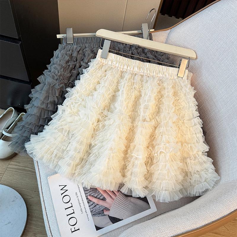 Korean Ballet-Inspired High-Waisted Ruffled Mesh A-Line Layered Skirt for Women, Autumn 2025