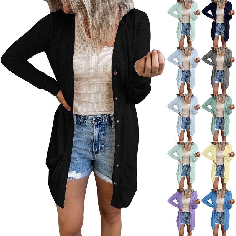 Solid Color Button Long Cardigan Coat Solid Color Buttons Long Cardigan Jacket