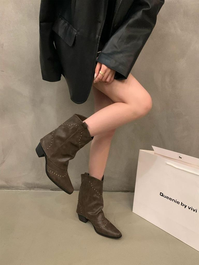 Retro Rivet Short Pant Boots French Women's Boots Versatile Western Cowboy Boots Knight Boots Small Short Boots