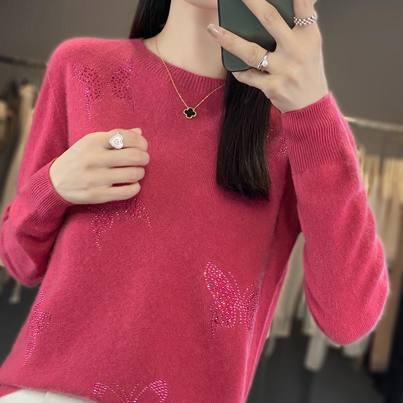 Butterfly Rhinestone Crew Neck Casual Spring Sweater for Women