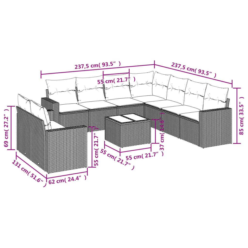Vidaxl 10-Cz. Garden Furniture Set With Cushions, Brown Polyrattan