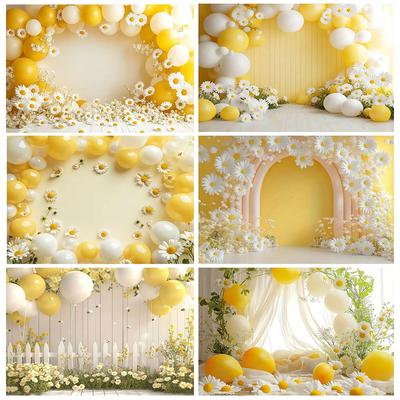 Spring Daisy Flower Backdrop Baby Shower Boho ArchBalloons Backdrop Girl Birthday Cake Smash Easter Kids Portrait Photo Props
