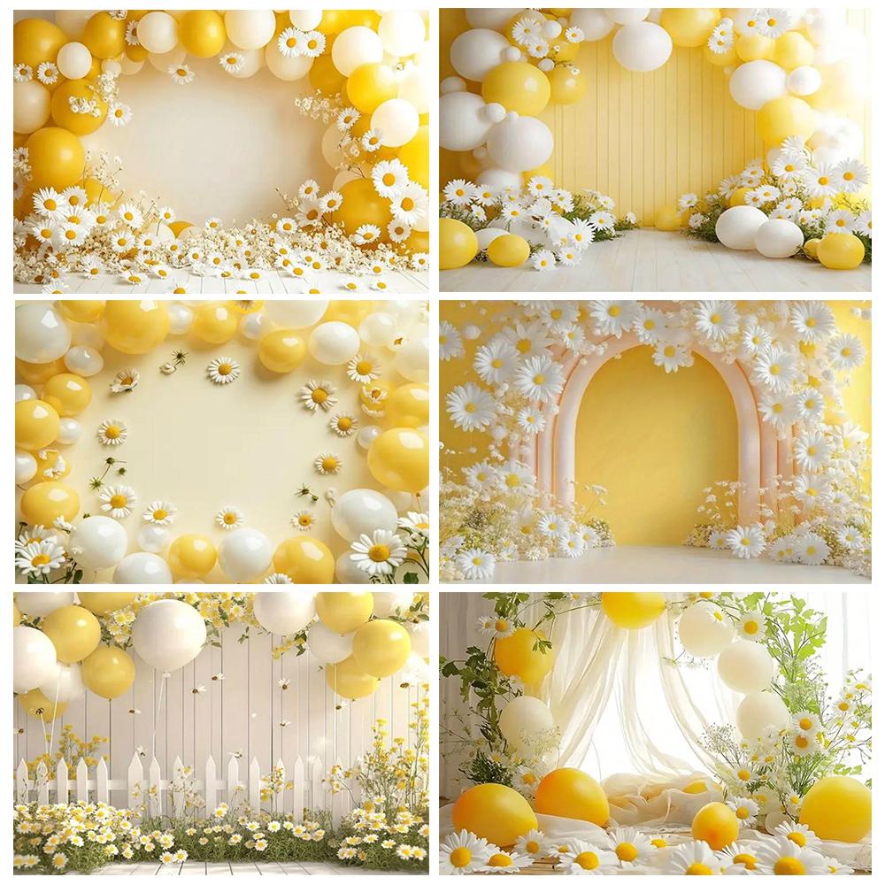 Spring Daisy Flower Backdrop Baby Shower Boho ArchBalloons Backdrop Girl Birthday Cake Smash Easter Kids Portrait Photo Props