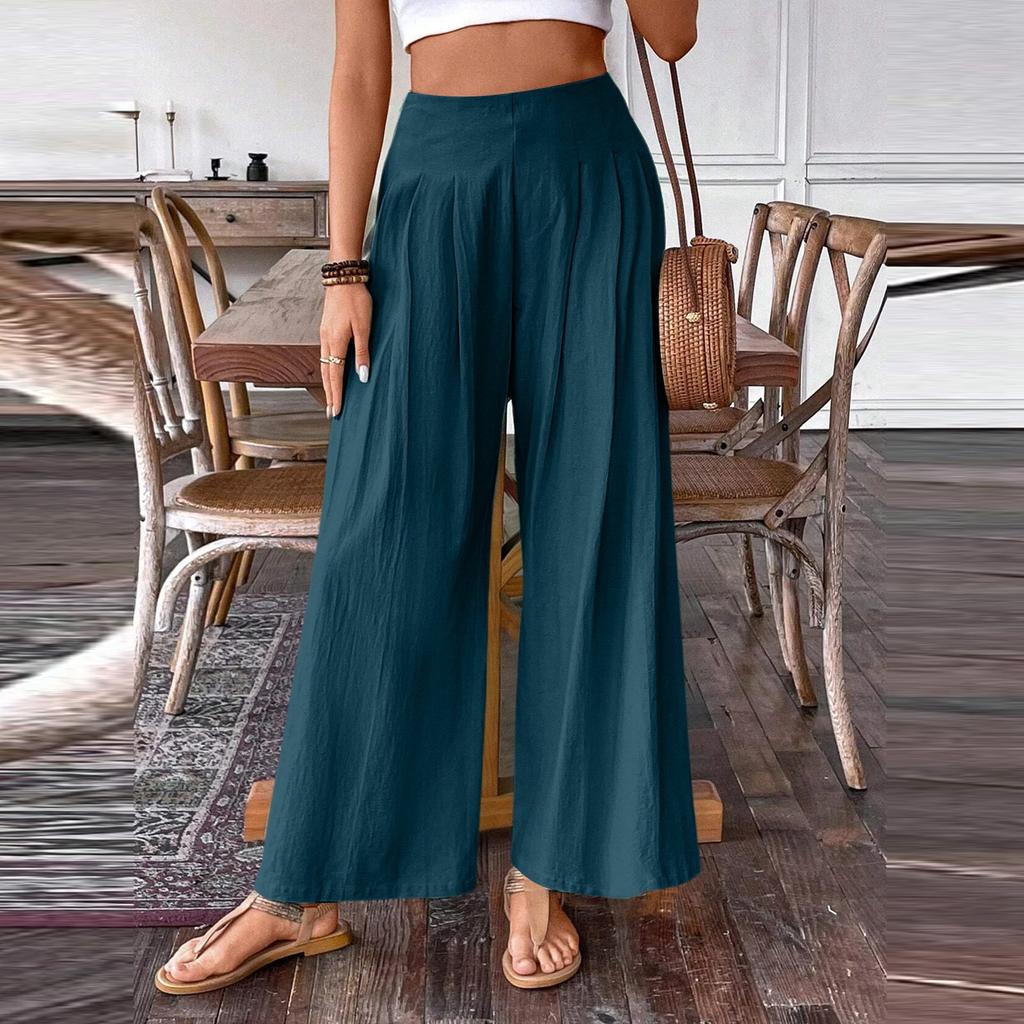Women's Casual Wide Leg Pants with Side Zipper Relaxed Fit Elastic Waistband Lightweight Loose Trousers for Everyday Wear