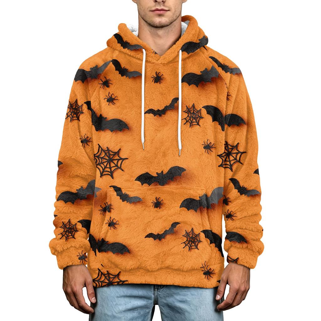 Men's Fall Winter Halloween Print Plus Size Hooded Flannel Sweatshirt Casual Trendy Streetwear