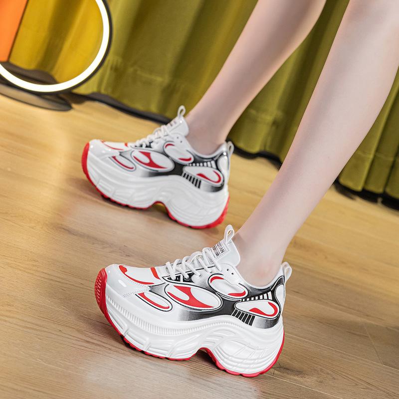 Genuine Leather Chunky Sneakers Women Flat Platform Shoes Thick Sole 9cm Brand Ladies Sneakers