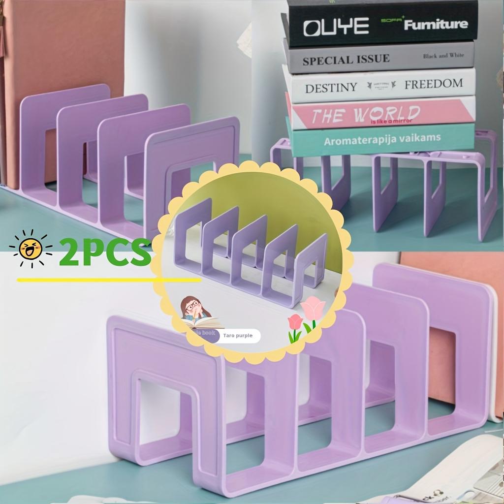 4-Slot Desktop Book Stand Organizer - Durable PP Material, White & Purple, Space-Saving Design for Office, School, or Home Use