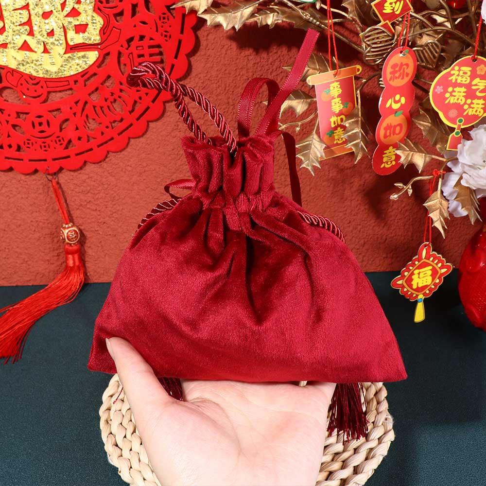 Wine Red Flannel Gift Bag Velvet Chinese Traditional Wedding Gift Bag Drawstring Candy Bag  Guests