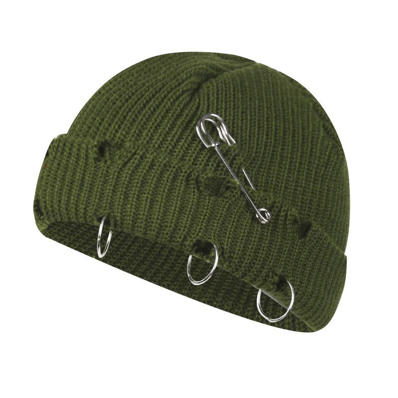 Women Girls Y2k Gothic Beanie Winter Knit Hats Trendy Metal Rings Pin Hip Hop Streetwear Harajuku Skull Cap Emo Scene Grunge