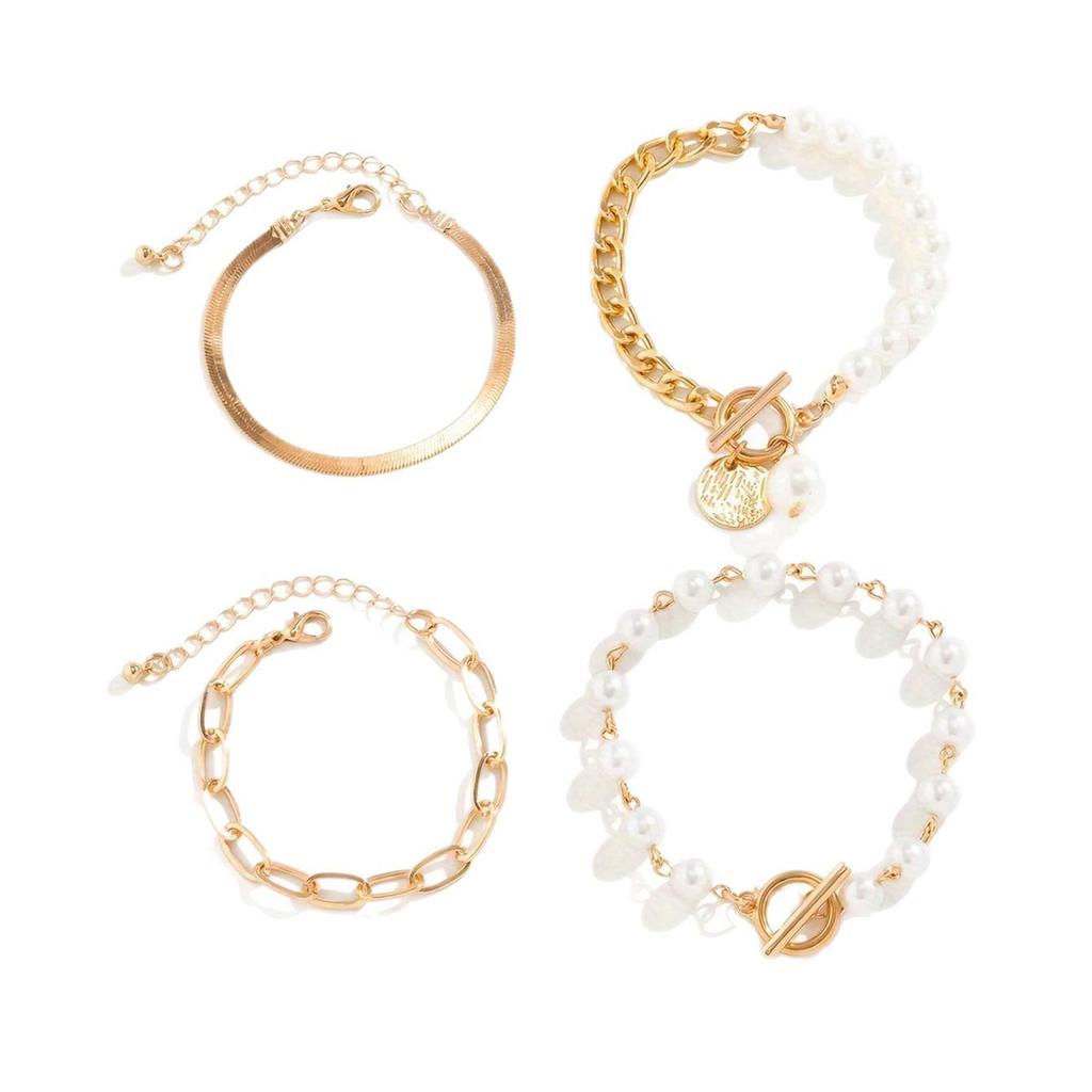 Multi-layer Pearl Portrait Bracelet Set with OT Buckle & Cross Chain for Women