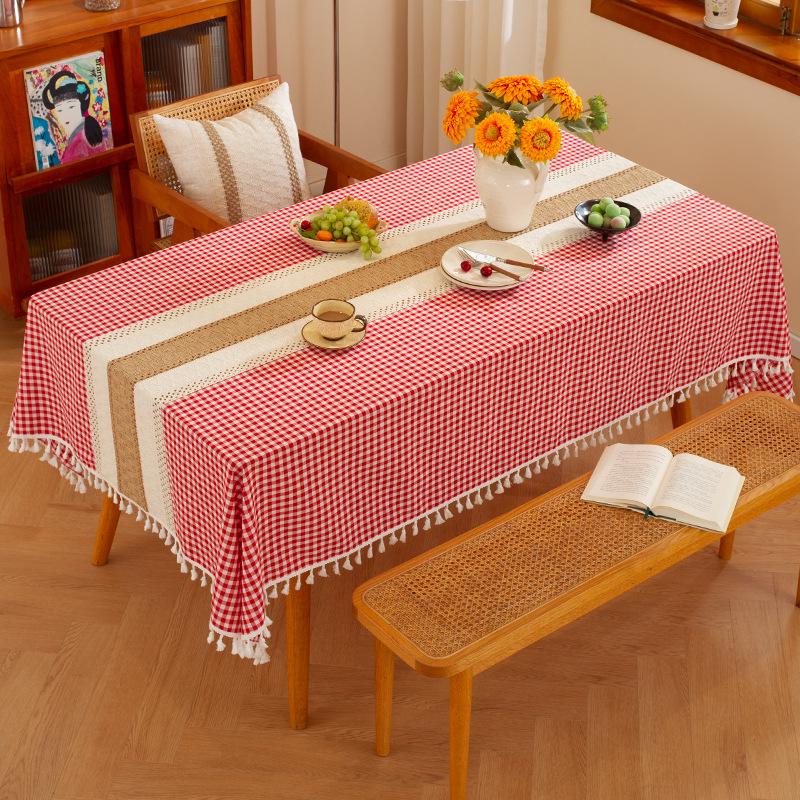 Nordic Classic Patchwork Tablecloth with Tassels - Dustproof Decorative Imitation Cotton Linen