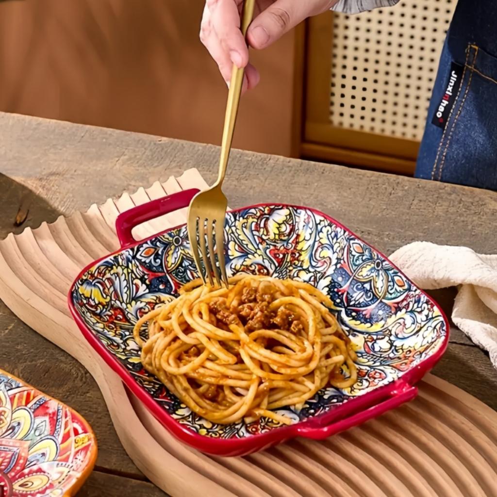 Bohemian Double Ear Square Ceramic Plate Creative Household Dish Plate Net Red Fruit Spaghetti Plate Oven Microwave Oven-9inch