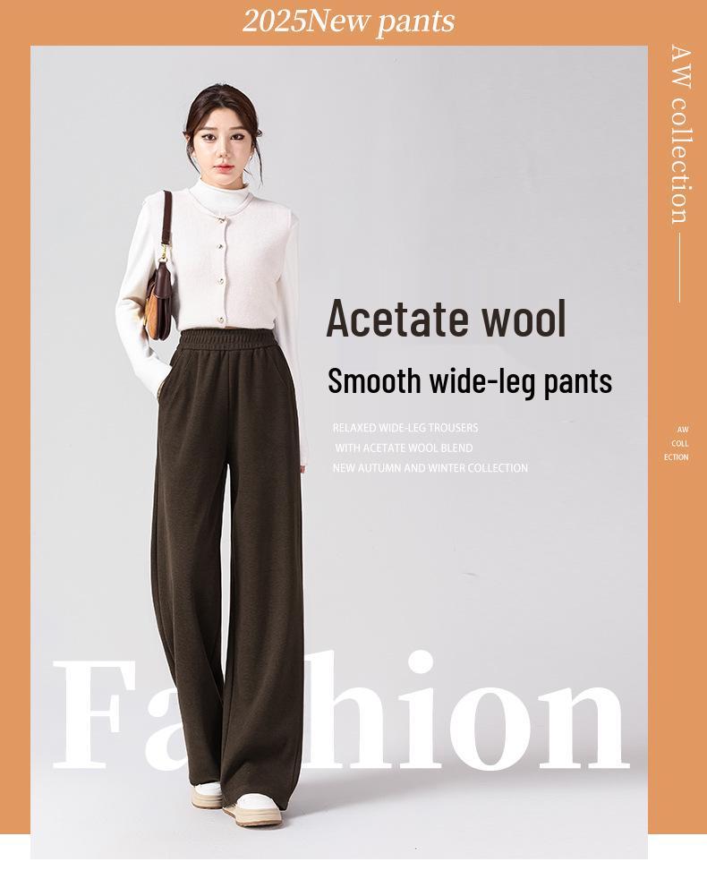 Women's Wool Wide-Leg Pants, Brown Herringbone, Slimming & Comfortable, Skin-Friendly, 2025 Autumn/Winter Collection
