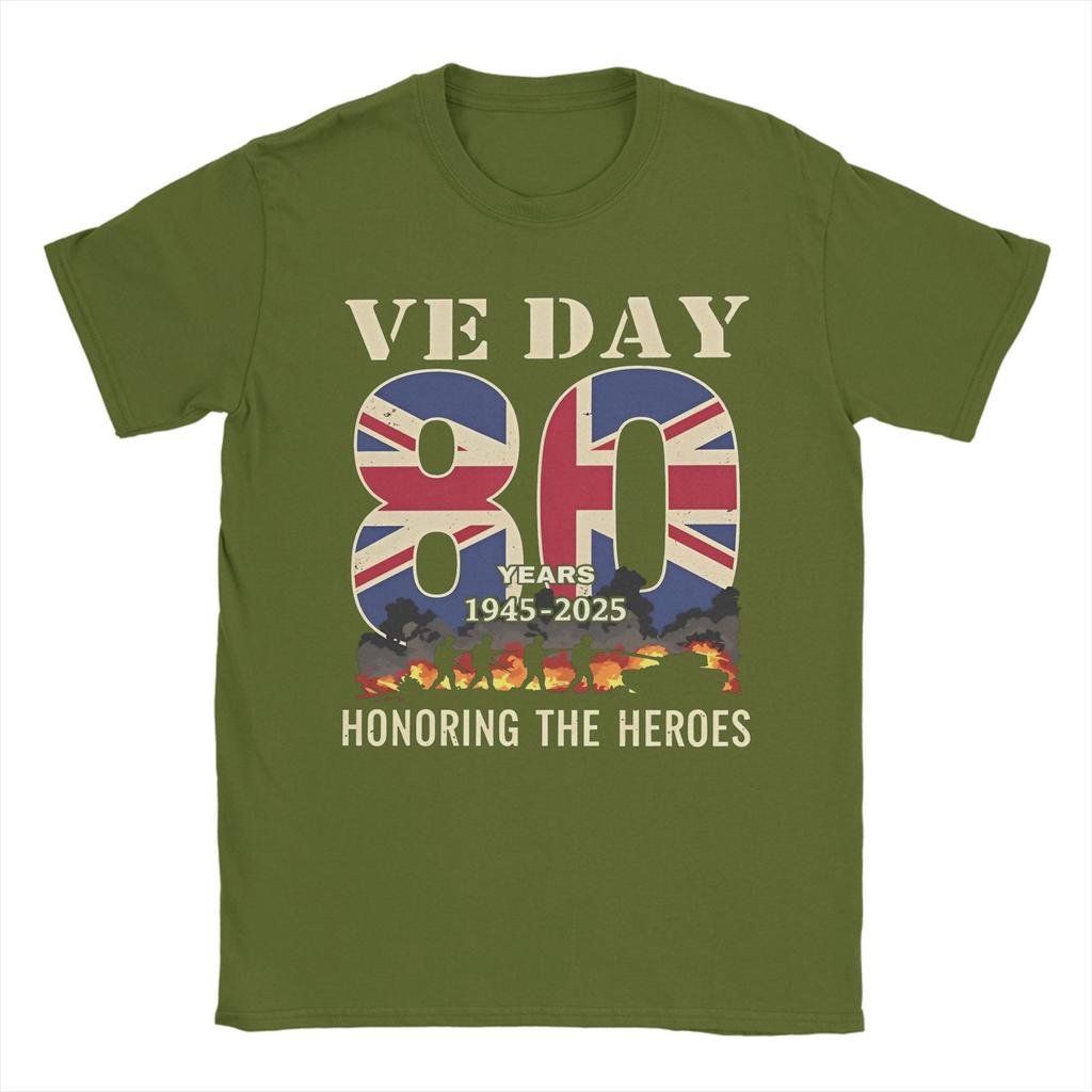 Leisure Ve Day 80th Anniversary 2025 WWII Fire T-Shirt Men Crew Neck 100% Cotton T Shirts UK Flag Short Sleeve Tee Adult Clothes