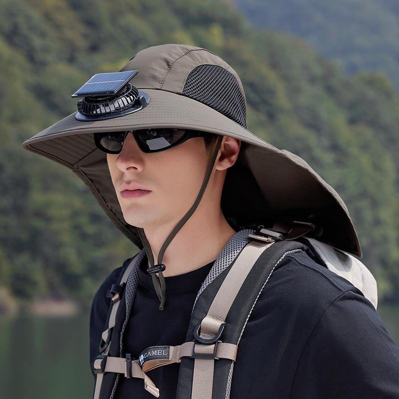 Solar Fan Hat with Neck Cover Wide Brim Sun Hat UV Protection Outdoor Fishing Hat Hiking Travel Hollow Mesh Summer Cooling Breathable Sun Cap