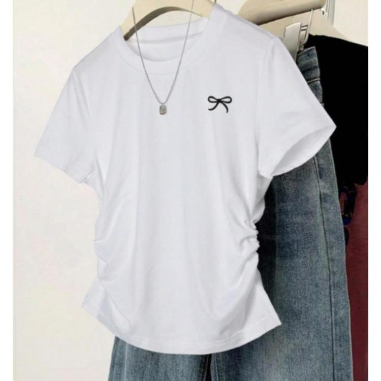 Korean Version Summer T-shirt Slim Fit Plus Size Waist Cinching Top New Shoulder Short Sleeved Slimming Effect Versatile Chubby