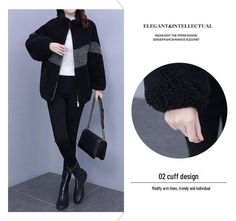 Women's Plus Size Color Block Fleece Coat - Lamb Wool One-Piece, Autumn & Winter Fashion