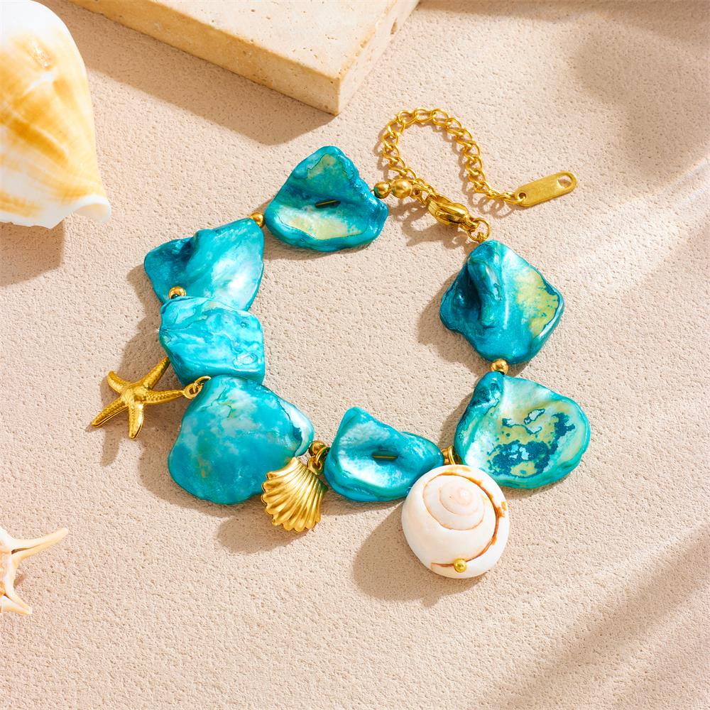 DIEYURO 316L Stainless Steel Starfish Irregular Blue Stone Conch Bracelet For Women Classic Wrist Chain Jewelry Party Gift