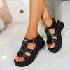 Punk Metal Decoration Black Pu Sandals Women 2025 Summer Metal Chain Thick Bottom Ankle Strap Sandals Gothic Metal Chain Shoes