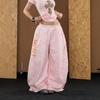 Womens Retro Leopard Print Pink Embroidered Wide Leg Pants Loose Casual Trousers