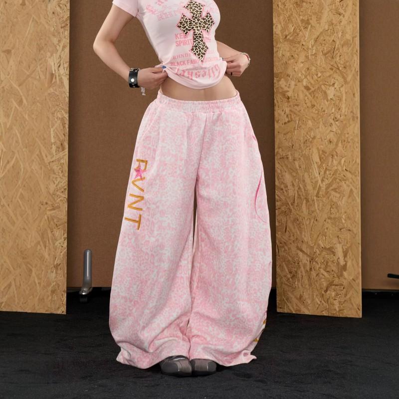 Womens Retro Leopard Print Pink Embroidered Wide Leg Pants Loose Casual Trousers