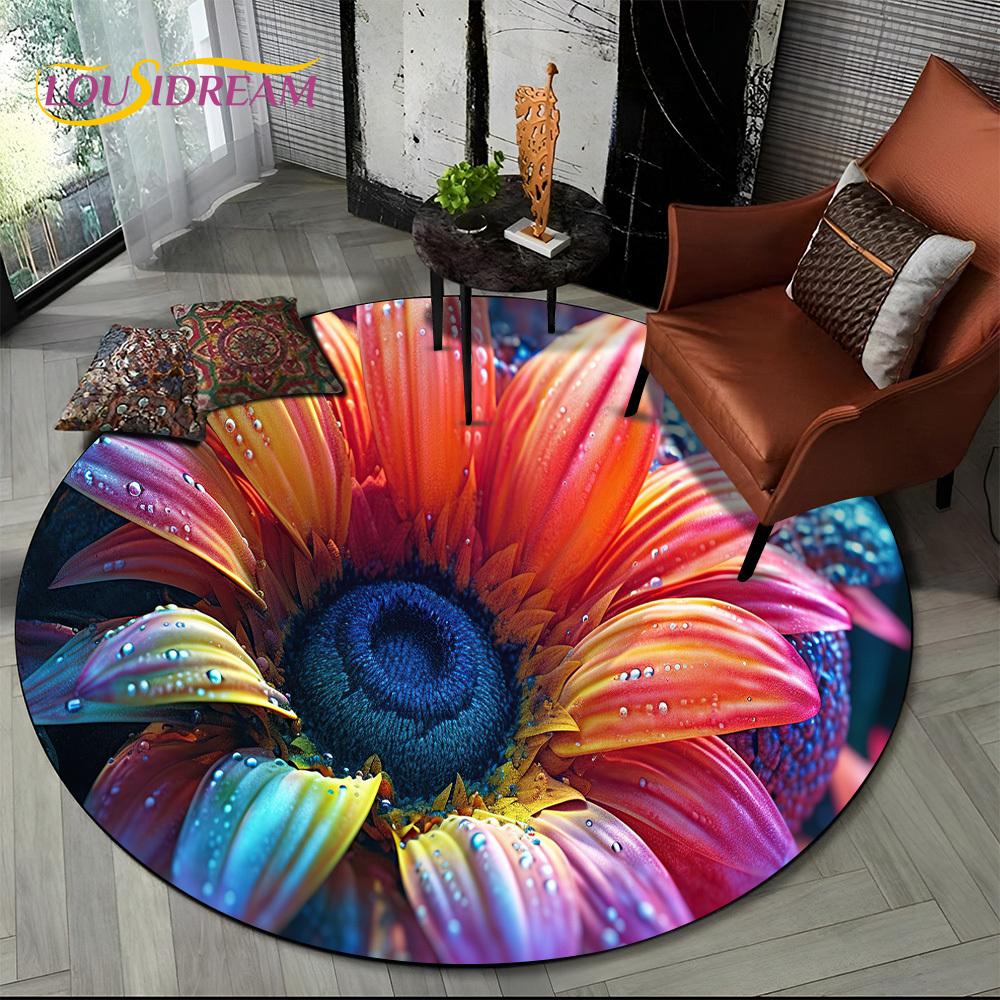 Luxuriöser Sonnenblumen 3D Rosen Nordische Gänseblümchen Runder Teppich Teppich für Wohnzimmer Schlafzimmer Sofa Dekor, Kinderbereich Teppich Rutschfeste Bodenmatte Geschenk