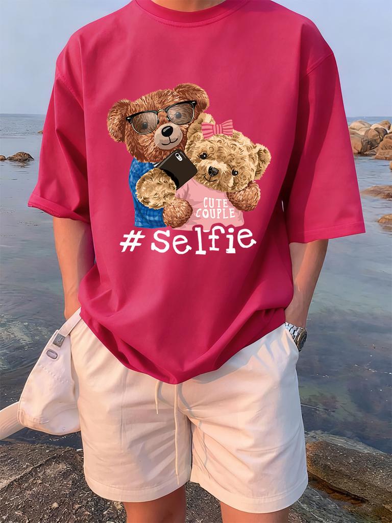 Cute Couple Bears Selfie Printing TShirts Womens Summer Cotton Short Sleeve Tees Loose ONeck Comfortable Tops Casual Clothes