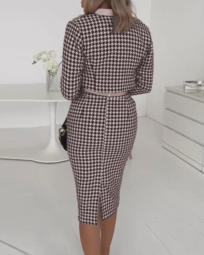 Chic Women's Slim Fit Three-Piece Set: Long-Sleeved Print Jacket, Vest, and Skirt