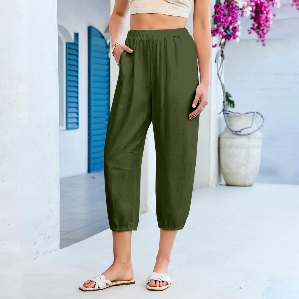 Women’s Elastic Waist Cropped Pants Casual Loose Fit Lightweight Trousers with Pockets for Daily Wear Travel Office