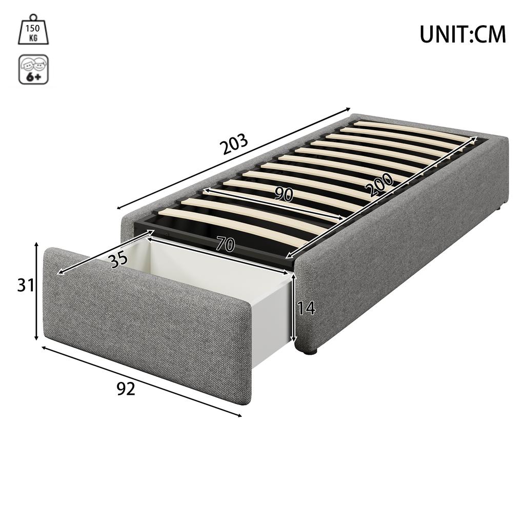 90*200cm Upholstered Bed, Platform Bed, Upholstered Bed Without Headboard, with Hydraulic Storage and a Drawer, Without Mattress, Grey