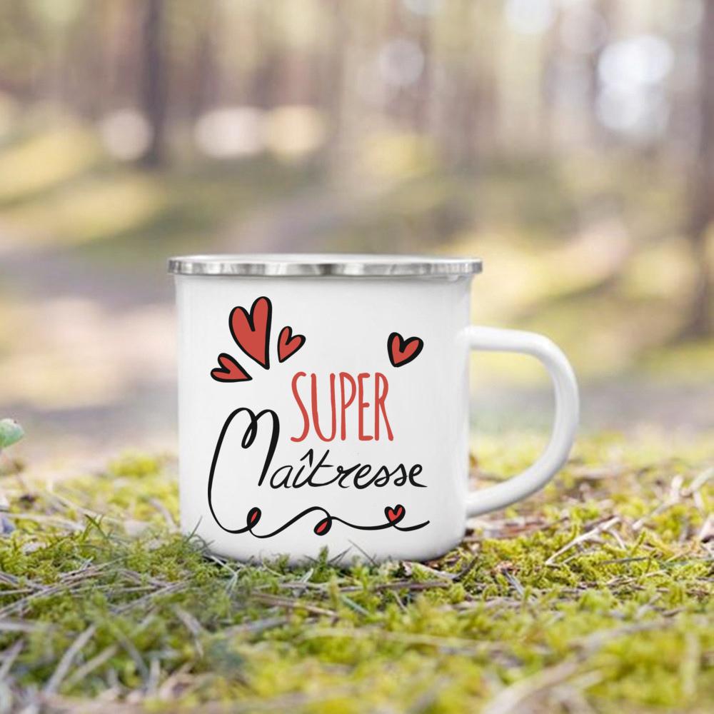 Merci Maitresse French Print Enamel Mug Drinks Dessert Milk Cup Creative Coffee Cups Vintage Handle Drinkware Gift for Teacher