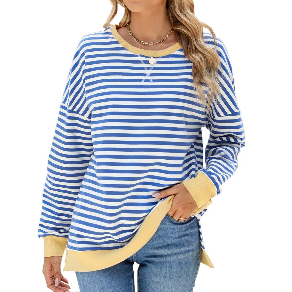 Elegant and Fashionable Autumn and Winter Comfortable Round Neck Striped Splicing Open Loose Long-sleeved Sweater Jacket Pullover Shirt Hoodies