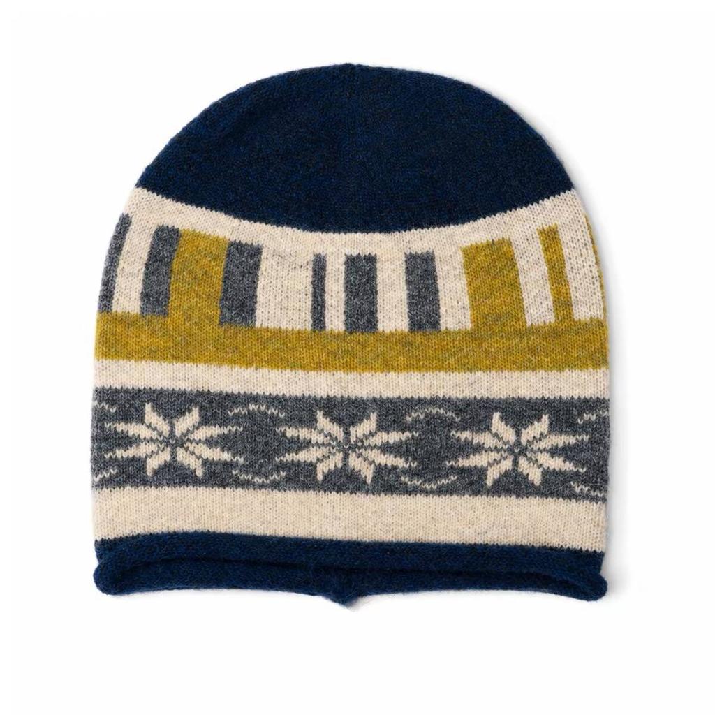 Winter Retro Fair Isle Jacquard Knitted Hat Women Plush Rolled Cuff Thickened Warm Beanie Pullover Cap