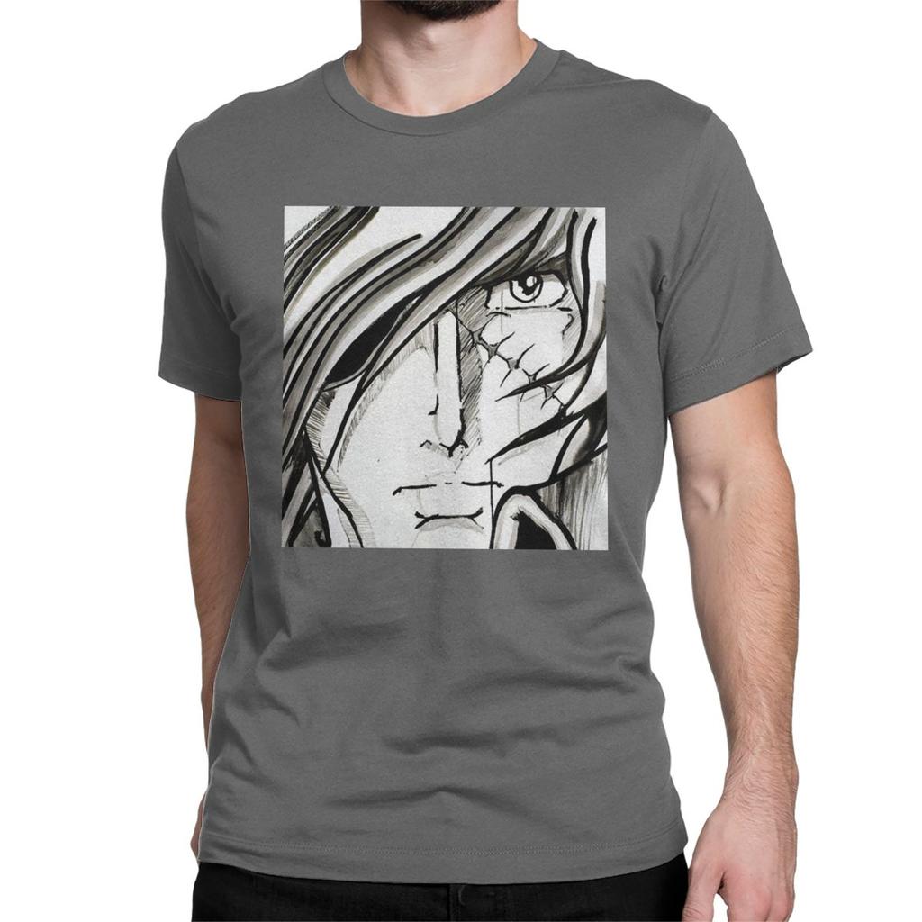 Men Albator Portrait Scar T Shirts Space Pirate Captain Harlock Pure Cotton Tops Novelty Short Sleeve Crewneck Tee Shirt T-Shirt