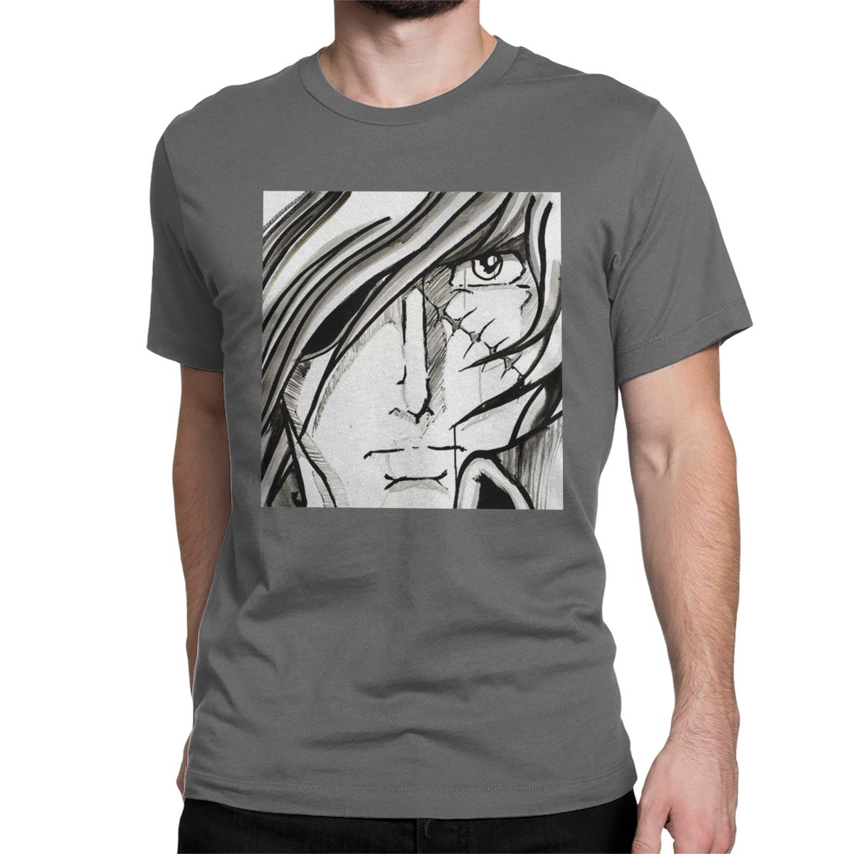 

Men Albator Portrait Scar T Shirts Space Pirate Captain Harlock Pure Cotton Tops Novelty Short Sleeve Crewneck Tee Shirt T-Shirt XL