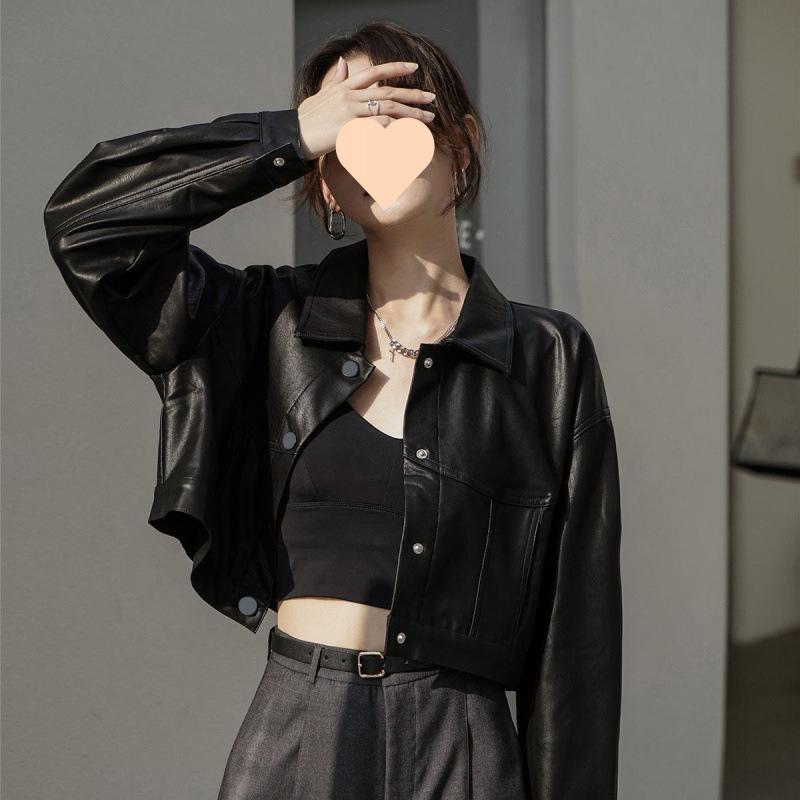 Women's Retro Loose-Fit Leather Motorcycle Jacket - Short Style 2025 for Spring & Autumn, Korean Version