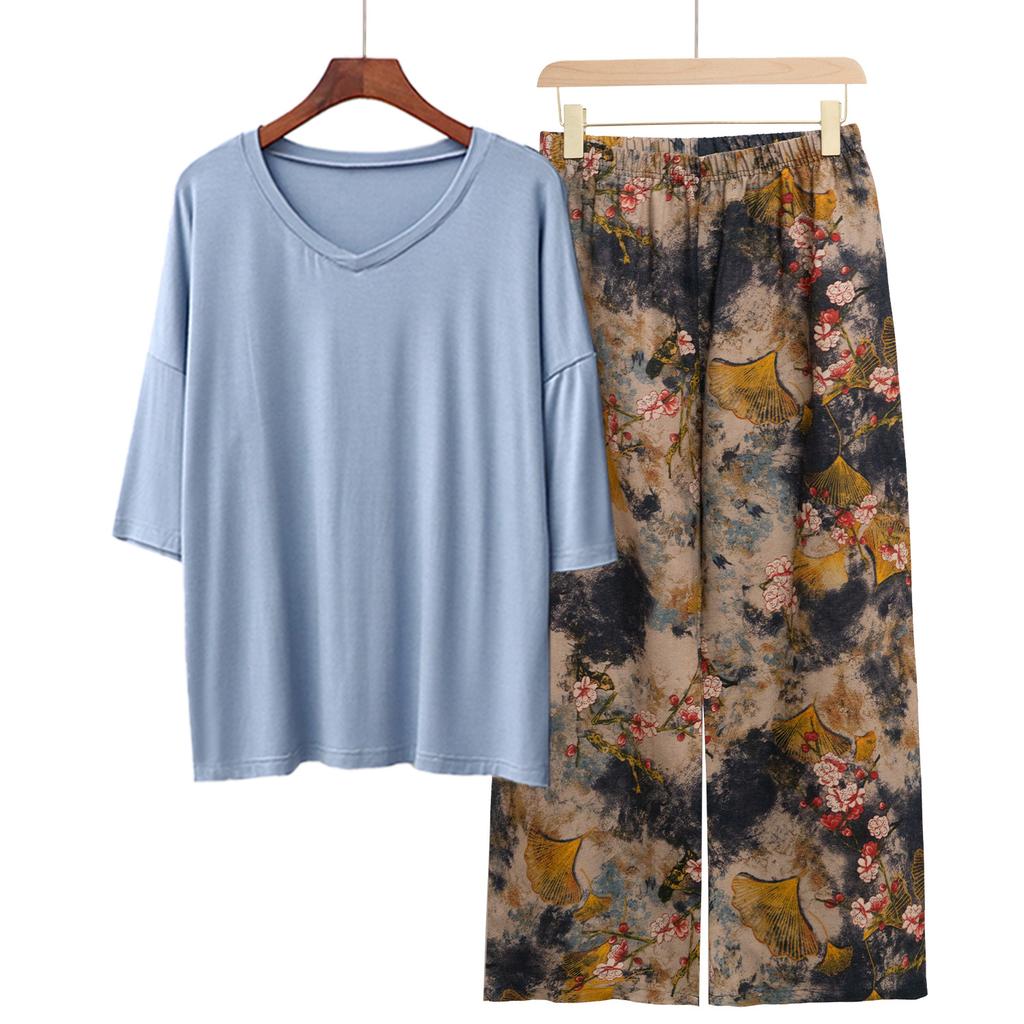 Pajamas Women's Spring and Summer New V-neck Short-sleeved Cotton and Linen Pants European and American Large-size Loungewear Two-piece Set