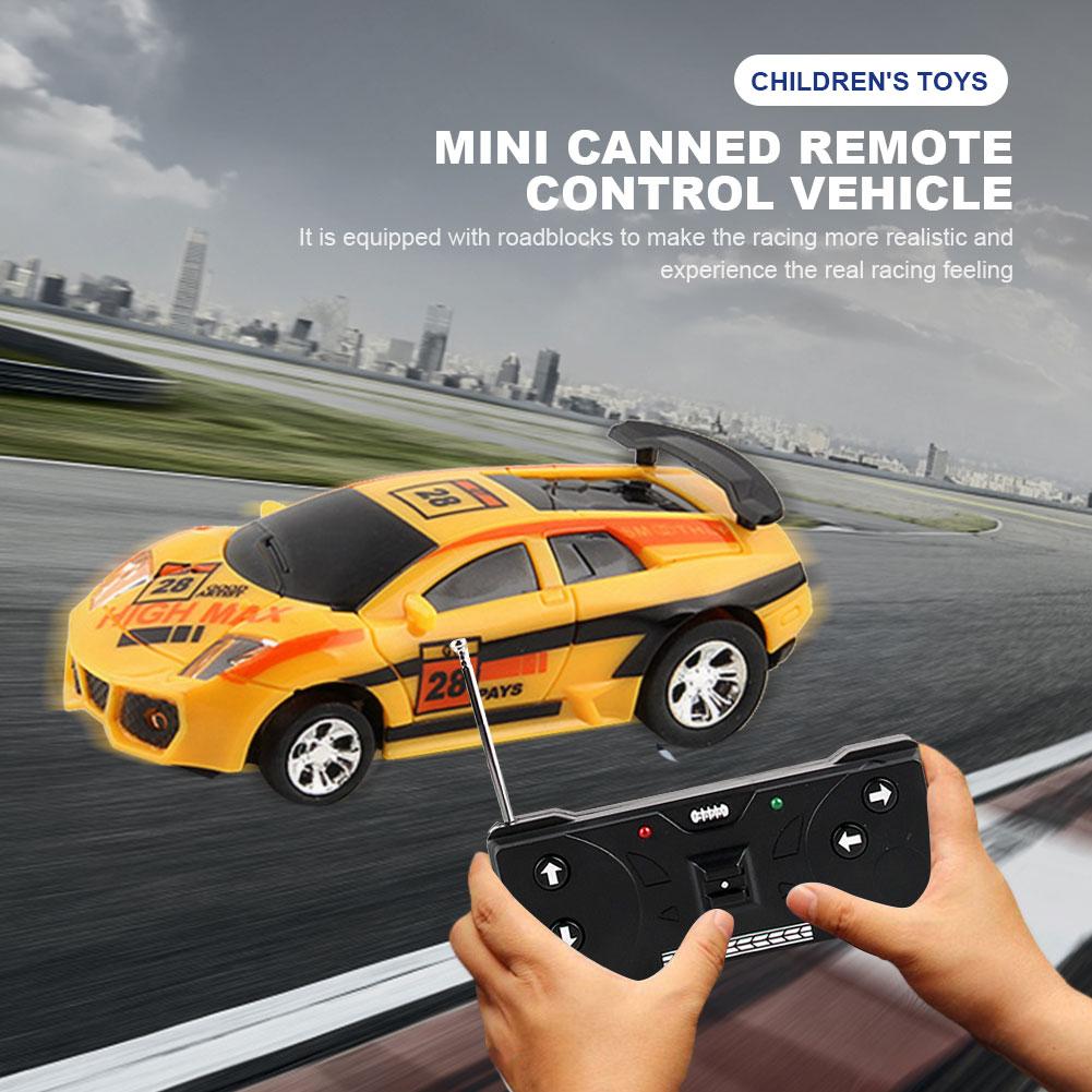 Coke Can RC Car Battery Operated Plastic Remote Control Racing Vehicle LED Lights Micro Racing Car with Roadblocks for Kids Boys