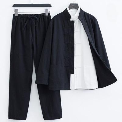 Tang Suit Men's Cotton and Linen Suit Two-piece Style Men's Chinese Retro Disc Buckle Middle-aged and Elderly Layman's Tea Suit
