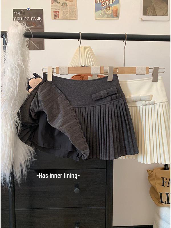 Women's Plus Size High-Waisted Woolen Pleated A-Line Skirt with Bow