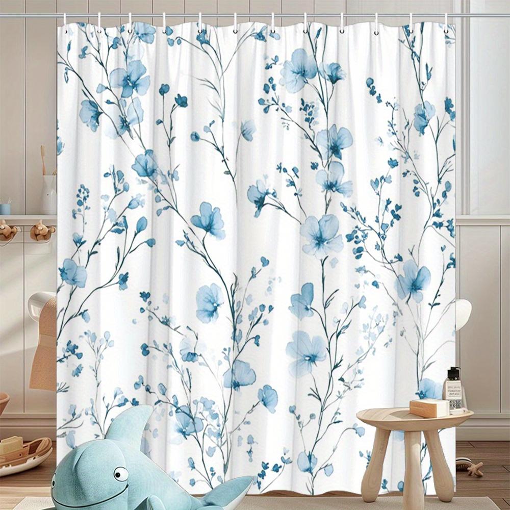 1 sztuka biało-niebieskiej zasłony prysznicowej w kwiaty, można prać w pralce, tkanina poliestrowa, z haczykami, odpowiednia do dekoracji łazienki