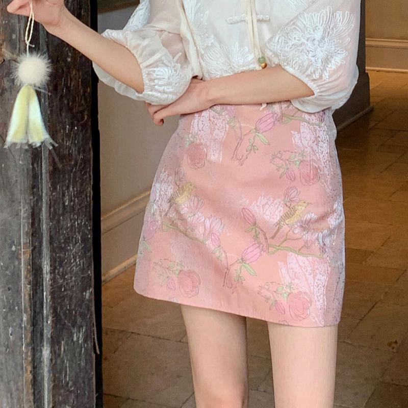 

Женская короткая юбка А-силуэта в китайском стиле, розовая жаккардовая юбка с высокой талией, универсальная женская шикарная одежда XL розовый