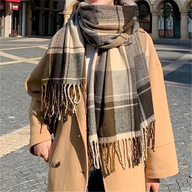 New mohair plaid scarf, versatile in autumn and winter, Korean atmosphere imitation cashmere small version student warm scarf