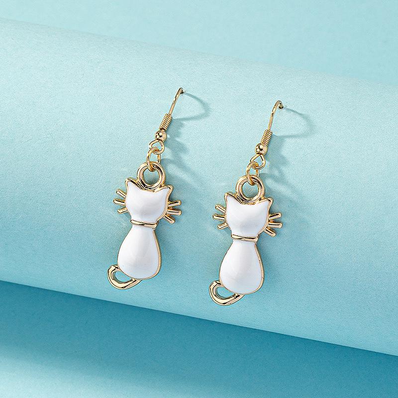 Japanese-Korean Style Cute Cat Enamel Long Drop Earrings белый
