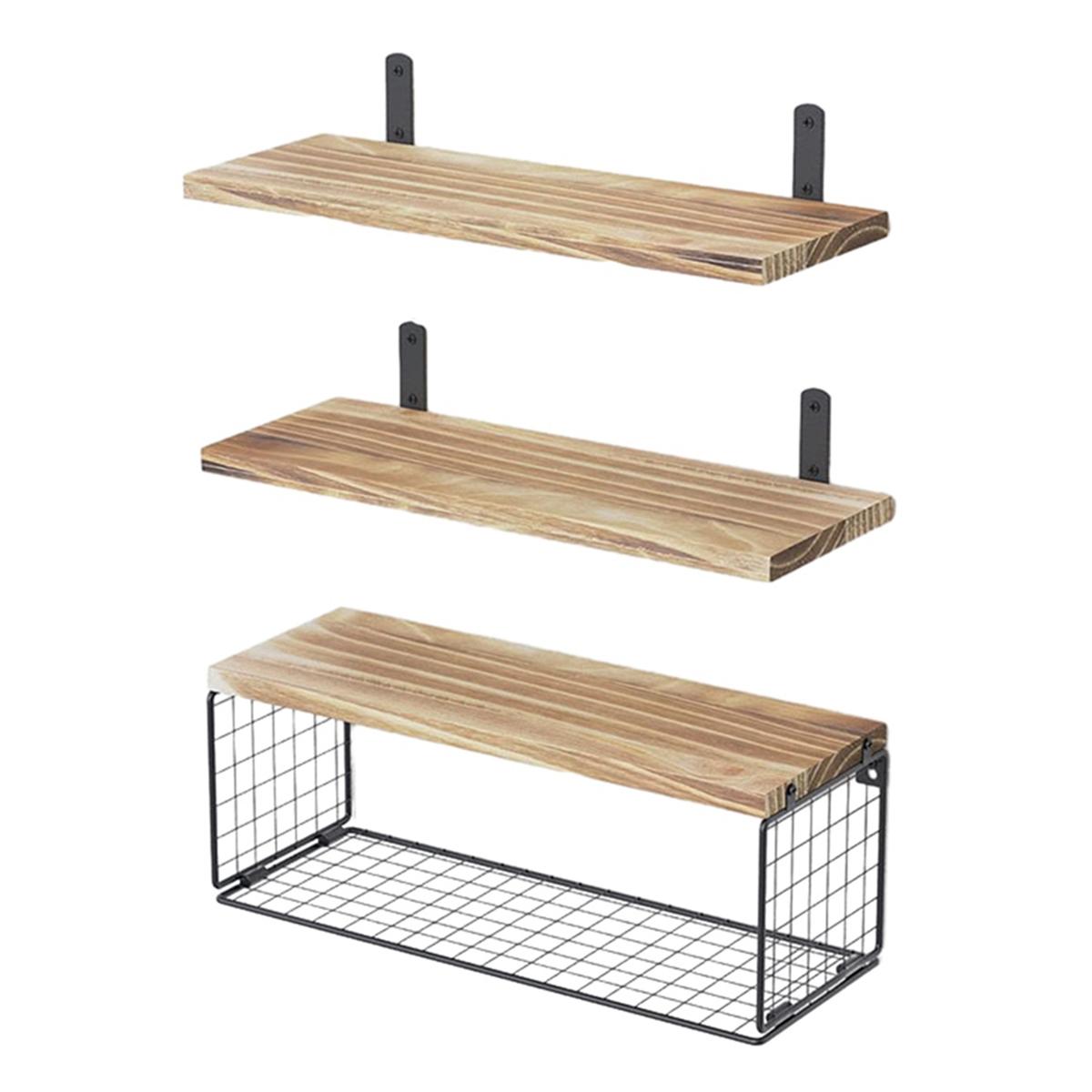 

3Pcs/Set Wall-Mounted Storage Rack Iron Wire Basket Wooden Rack Kitchen Spice Potted Plants Shelf A