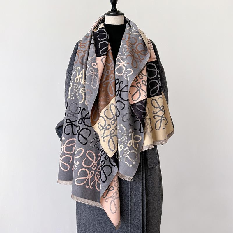 Autumn And Winter Line Pattern Scarf Women'S Warm Square Color Matching Imitation Cashmere Scarf Double-Sided Jacquard Air Conditioner Shawl