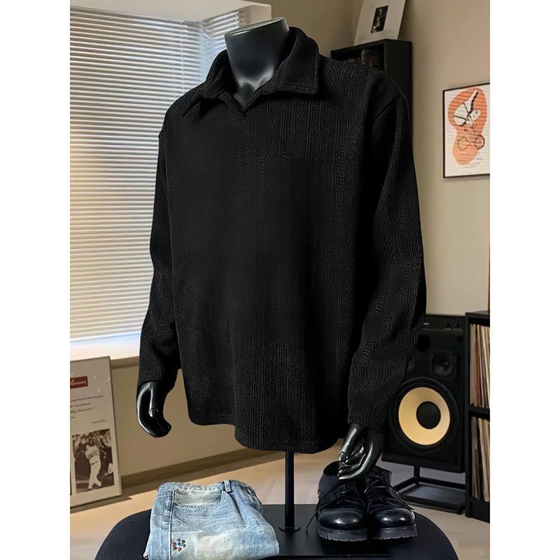 Heavy American Trend Teen Loose Sweater Men s Wheat Ear Pattern Long Sleeve Polo Shirt Men s Fashion Trend Brand M чёрный